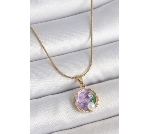 316L Çelik Gold Renk Zincir Mor Çiçek İşlemeli Zirkon Taş İnci Detaylı Minimal Portre Model Kadın Kolye - TJ-BKO10134