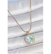 316L Çelik Gold Renk Zincir Zirkon Taş Detaylı Mavi Mineli Çiçek İşlemeli İnci Detay Kadın Kolye - TJ-BKO10137