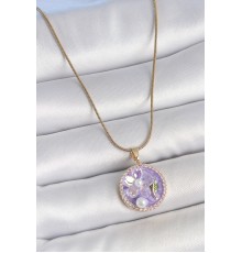 316L Çelik Gold Renk Zincir Zirkon Taşlı Mor Mineli Çiçek İşlemeli İnci Detay Portre Model Kadın Kolye - TJ-BKO10138
