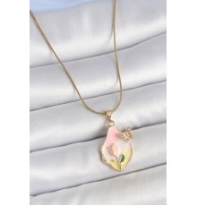 316L Çelik Gold Renk Zincir Damla Mix Renk Çiçek İşlemeli Detay Portre Model Kadın Kolye - TJ-BKO10140