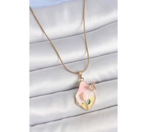 316L Çelik Gold Renk Zincir Damla Mix Renk Çiçek İşlemeli Detay Portre Model Kadın Kolye - TJ-BKO10140