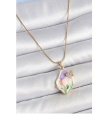 316L Çelik Gold Renk Zincir Damla Mix Renk Mineli Çiçek İşlemeli Detay Portre Model Kadın Kolye - TJ-BKO10142