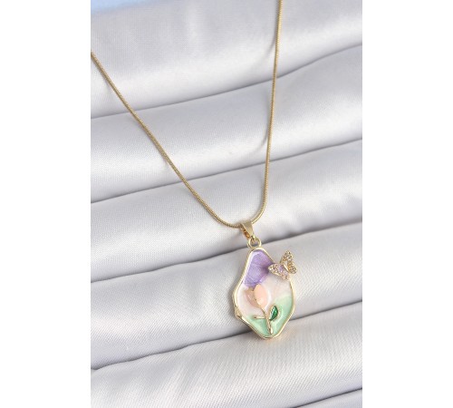 316L Çelik Gold Renk Zincir Damla Mix Renk Mineli Çiçek İşlemeli Detay Portre Model Kadın Kolye - TJ-BKO10142