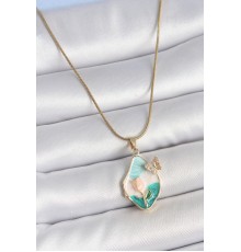316L Çelik Gold Renk Zincir Damla Mix Renk Mineli Çiçek İşlemeli Detay Portre Model Kadın Kolye - TJ-BKO10141