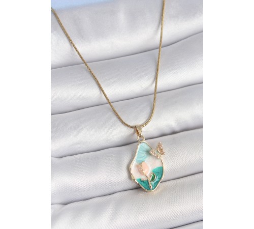 316L Çelik Gold Renk Zincir Damla Mix Renk Mineli Çiçek İşlemeli Detay Portre Model Kadın Kolye - TJ-BKO10141