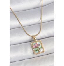 316L Çelik Gold Renk Zincir Mavi Mineli Çiçek İşlemeli İnci Detay Portre Model Kadın Kolye - TJ-BKO10143