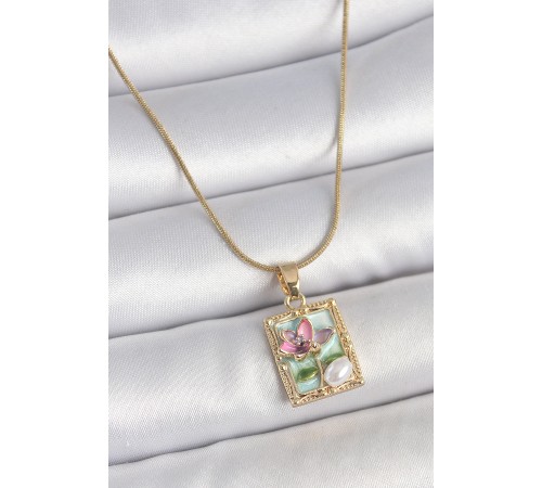 316L Çelik Gold Renk Zincir Mavi Mineli Çiçek İşlemeli İnci Detay Portre Model Kadın Kolye - TJ-BKO10143