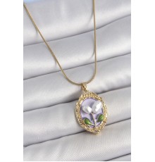 316L Çelik Gold Renk Mor İncili Çiçek İşlemeli Portre Model Kadın Kolye - TJ-BKO10146
