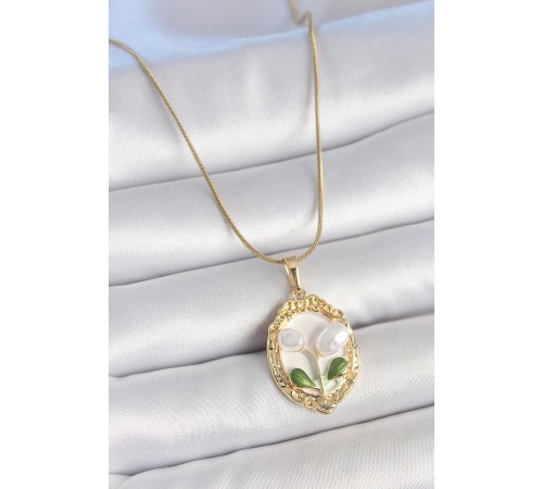 316L Çelik Gold Renk Zincir Beyaz Mineli İncili Çiçek İşlemeli Portre Model Kadın Kolye - TJ-BKO10147