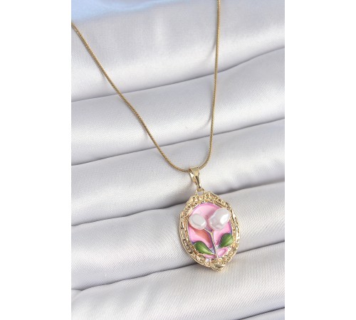 316L Çelik Gold Renk Zincir Pembe Mineli İncili Çiçek İşlemeli Portre Model Kadın Kolye - TJ-BKO10148
