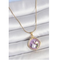 316L Çelik Gold Renk Zincir Mor Mineli İncili Çiçek İşlemeli Portre Model Kadın Kolye - TJ-BKO10149