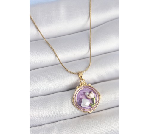 316L Çelik Gold Renk Zincir Mor Mineli İncili Çiçek İşlemeli Portre Model Kadın Kolye - TJ-BKO10149