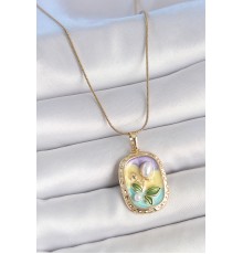 316L Çelik Gold Renk Zincir İncili Çiçek İşlemeli Portre Model Kadın Kolye - TJ-BKO10153