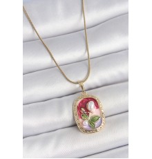 316L Çelik Gold Renk Zincir Mix Renk İncili Çiçek İşlemeli Portre Model Kadın Kolye - TJ-BKO10154