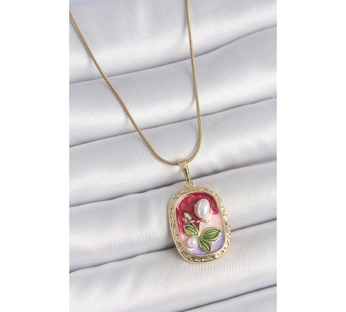 316L Çelik Gold Renk Zincir Mix Renk İncili Çiçek İşlemeli Portre Model Kadın Kolye - TJ-BKO10154
