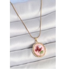 316L Çelik Gold Renk Zincir Pembe Mineli İncili Çiçek İşlemeli Portre Model Kadın Kolye - TJ-BKO10155