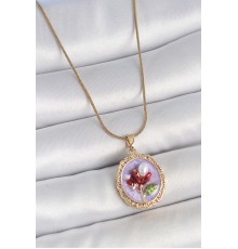 316L Çelik Gold Renk Zincir Mor Mineli İncili Çiçek İşlemeli Portre Model Kadın Kolye - TJ-BKO10156