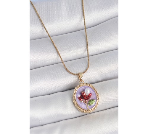 316L Çelik Gold Renk Zincir Mor Mineli İncili Çiçek İşlemeli Portre Model Kadın Kolye - TJ-BKO10156