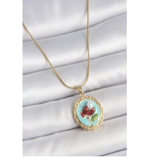 316L Çelik Gold Renk Zincir Turkuaz Mineli İncili Çiçek İşlemeli Portre Model Kadın Kolye - TJ-BKO10157