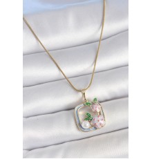 316L Çelik Gold Renk Zincir Mavi Mineli Kare Model Çiçek İşlemeli İnci Detay Kadın Kolye - TJ-BKO10158