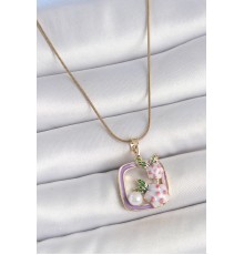 316L Çelik Gold Renk Zincir Mor Mineli Kare Model Çiçek İşlemeli İnci Detay Kadın Kolye - TJ-BKO10159