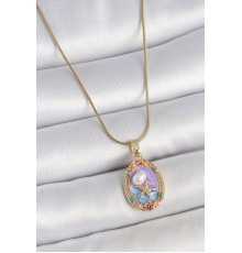 316L Çelik Gold Renk Zincir Mix Renk Deniz Yıldız İşlemeli Renki Çiçek Detay Portre Model Kadın Kolye - TJ-BKO10161