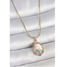 316L Çelik Gold Renk Zincir Mix Renkli Deniz Yıldız İşlemeli İnci Detay Portre Model Kadın Kolye - TJ-BKO10162