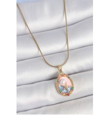 316L Çelik Gold Renk Zincir Mix Renk Deniz Yıldız İşlemeli İnci Detay Portre Model Kadın Kolye - TJ-BKO10163