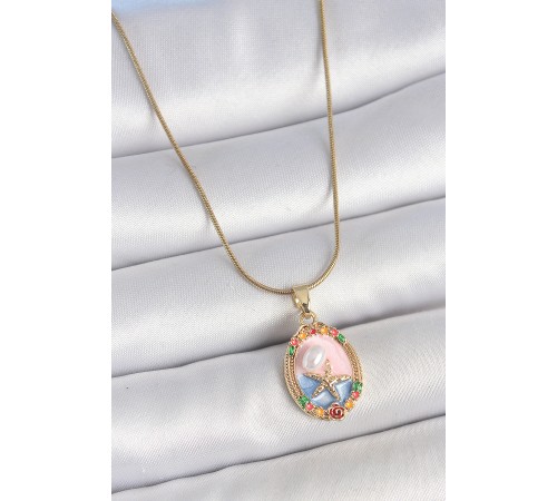 316L Çelik Gold Renk Zincir Mix Renk Deniz Yıldız İşlemeli İnci Detay Portre Model Kadın Kolye - TJ-BKO10163