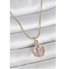 316L Çelik Gold Renk Zincir Mor Mineli Çiçek İşlemeli Portre Model Kadın Kolye - TJ-BKO10164