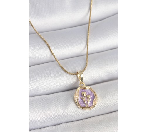 316L Çelik Gold Renk Zincir Mor Mineli Çiçek İşlemeli Portre Model Kadın Kolye - TJ-BKO10164