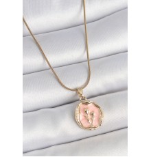 316L Çelik Gold Renk Zincir Pembe Mineli Çiçek İşlemeli Portre Model Kadın Kolye - TJ-BKO10165