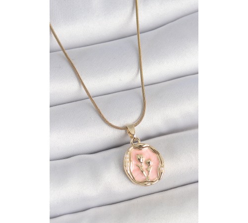 316L Çelik Gold Renk Zincir Pembe Mineli Çiçek İşlemeli Portre Model Kadın Kolye - TJ-BKO10165