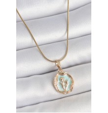 316L Çelik Gold Renk Zincir Turkuaz Mineli Çiçek İşlemeli Portre Model Kadın Kolye - TJ-BKO10166