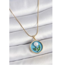 316L Çelik Gold Renk Zincir Mavi Mineli İncili Çiçek İşlemeli Portre Model Kadın Kolye - TJ-BKO10168