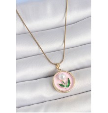 316L Çelik Gold Renk Zincir Pembe Mineli İncili Çiçek İşlemeli Portre Model Kadın Kolye - TJ-BKO10169