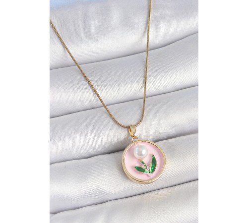 316L Çelik Gold Renk Zincir Pembe Mineli İncili Çiçek İşlemeli Portre Model Kadın Kolye - TJ-BKO10169