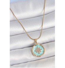 316L Çelik Gold Renk Zincir Mavi Mineli Zirkon Taşlı Kuzey Yıldız İşlemli Madalyon Model Kadın Kolye - TJ-BKO10171