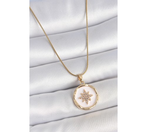 316L Çelik Gold Renk Zincir Beyaz Mineli Zirkon Taşlı Kuzey Yıldız İşlemeli Madalyon Model Kadın Kolye - TJ-BKO10173