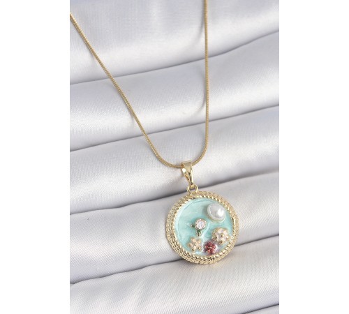 316L Çelik Gold Renk Zincir Mavi Mineli İnci Çiçek İşlemeli Zirkon Taş Detaylı Madalyon Model Kadın Kolye - TJ-BKO10174