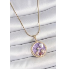 316L Çelik Gold Renk Zincir Mor Mineli İncili Çiçek İşlemeli Madalyon Model Kadın Kolye - TJ-BKO10175