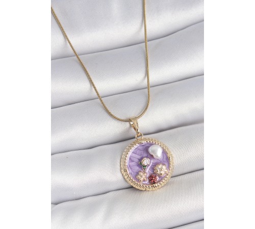 316L Çelik Gold Renk Zincir Mor Mineli İncili Çiçek İşlemeli Madalyon Model Kadın Kolye - TJ-BKO10175