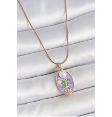 316L Çelik Gold Renk Zincir Mor Mineli Oval İncili Çiçek İşlemeli Portre Model Kadın Kolye - TJ-BKO10177