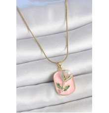 316L Çelik Gold Renk Zincir Pembe Mineli İncili Çiçek İşlemeli Portre Model Kadın Kolye - TJ-BKO10178
