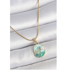 316L Çelik Gold Renk Zincir Mavi Mineli İncili Çiçek İşlemeli Portre Model Kadın Kolye - TJ-BKO10179