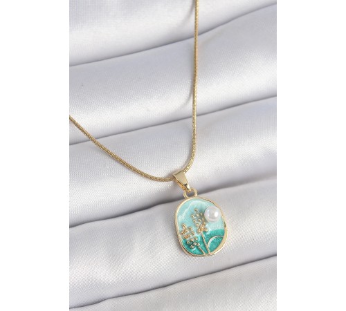 316L Çelik Gold Renk Zincir Mavi Mineli İncili Çiçek İşlemeli Portre Model Kadın Kolye - TJ-BKO10179