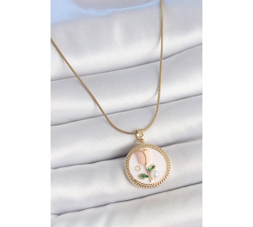 316L Çelik Gold Renk Beyaz Mineli İncili Çiçek İşlemeli Portre Model Kadın Kolye - TJ-BKO10180