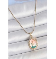 316L Çelik Gold Renk Zincir Mix Renk Çiçek İşlemeli Zirkon Taş Detaylı Portre Model Kadın Kolye - TJ-BKO10182