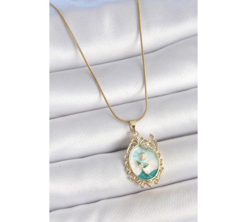 316L Çelik Gold Renk Zincir Mavi Mineli Çiçek İşlemeli Zirkon Taş Detaylı Portre Model Kadın Kolye - TJ-BKO10183