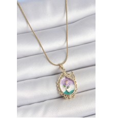 316L Çelik Gold Renk Zincir Mix Renk Mineli Çiçek İşlemeli Zirkon Taş Detaylı Portre Model Kadın Kolye - TJ-BKO10184